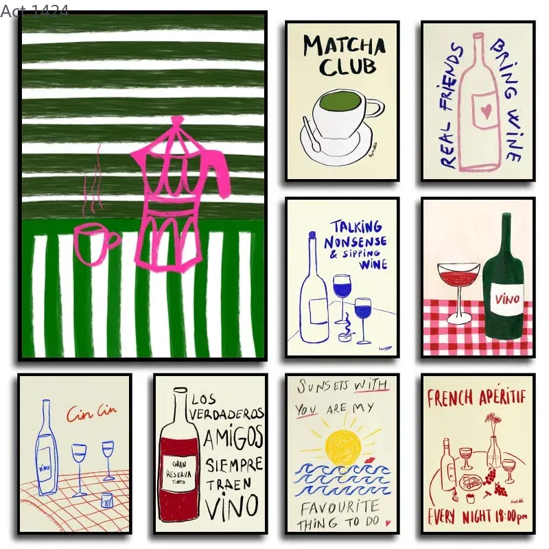 Coffee Tea Drawing - لوحات فنية تجريدية حديثة وملونة، ملصقات