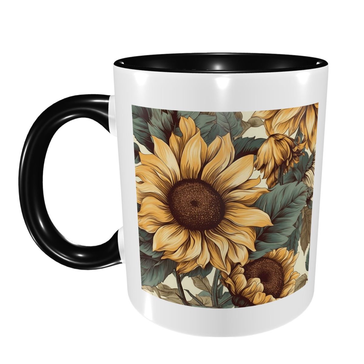 Coffee Tea Drawing - كوب سيراميك بتصميم عباد الشمس الذهبية